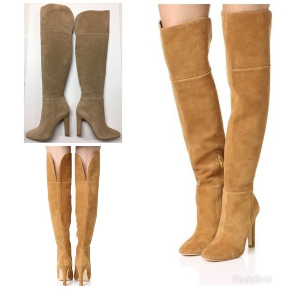 Dolce V. Tan Suede Over the Knee Boots Wood Heel 8 - Picture 5 of 8